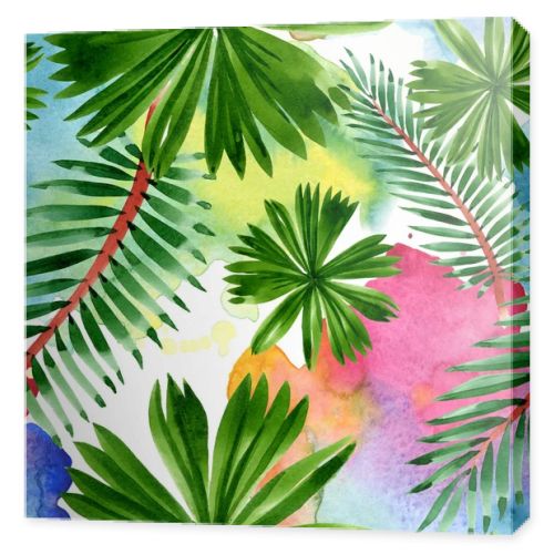 Palm beach tree leaves jungle botanical. Watercolor background illustration set. Seamless background pattern.