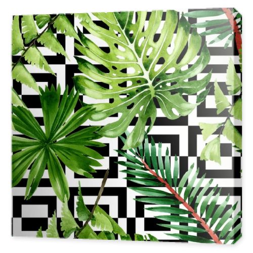 Palm beach tree leaves jungle botanical. Watercolor background illustration set. Seamless background pattern.