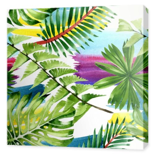 Palm beach tree leaves jungle botanical. Watercolor background illustration set. Seamless background pattern.