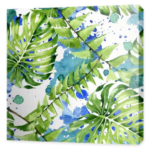 Palm beach tree leaves jungle botanical. Watercolor background illustration set. Seamless background pattern.