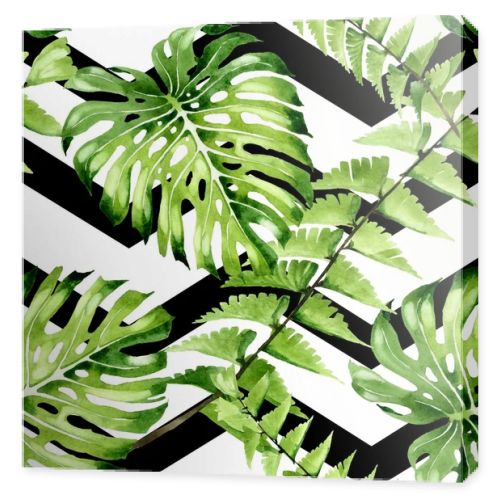 Palm beach tree leaves jungle botanical. Watercolor background illustration set. Seamless background pattern.