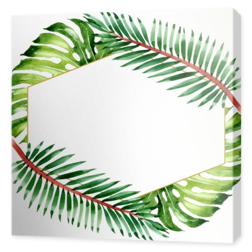 Palm beach tree leaves jungle botanical. Watercolor background illustration set. Frame border ornament square.