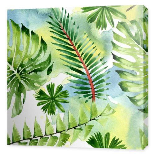 Palm beach tree leaves jungle botanical. Watercolor background illustration set. Seamless background pattern.