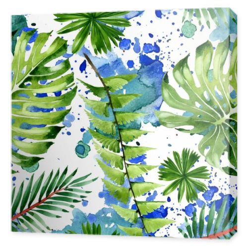 Palm beach tree leaves jungle botanical. Watercolor background illustration set. Seamless background pattern.