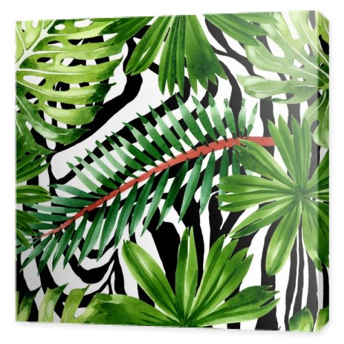 Palm beach tree leaves jungle botanical. Watercolor background illustration set. Seamless background pattern.
