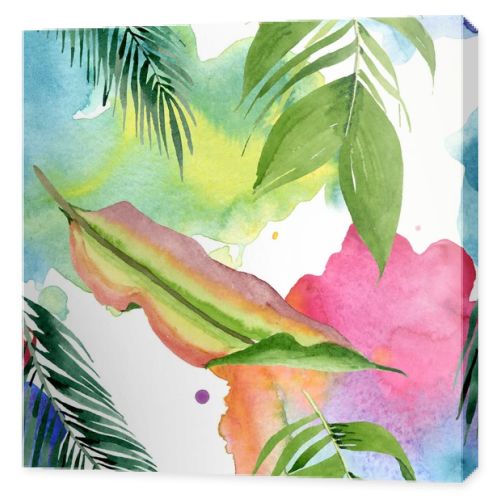 Palm beach tree leaves jungle botanical. Watercolor background illustration set. Seamless background pattern.