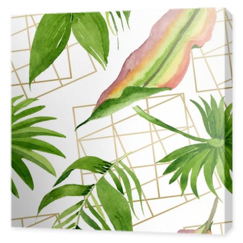 Palm beach tree leaves jungle botanical. Watercolor background illustration set. Seamless background pattern.