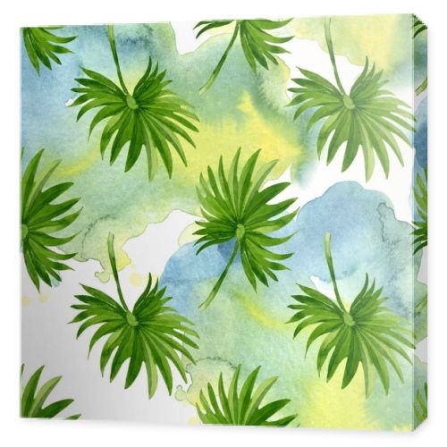 Palm beach tree leaves jungle botanical. Watercolor background illustration set. Seamless background pattern.