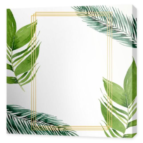 Palm beach tree leaves jungle botanical. Watercolor background illustration set. Frame border ornament square.