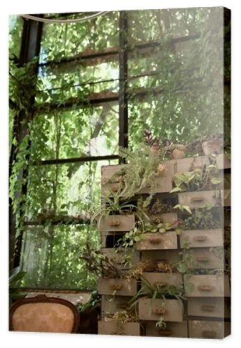 An abundance of lush green plants alongside neatly stacked boxes in a vibrant room.
