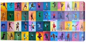 Grupa profesjonalnych sportowców i dzieci ze sprzętem sportowym odizolowanym na wielobarwnym tle w świetle neonu Ulotka reklamowa