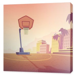 Tło kreskówek wektorowych z boiskiem do koszykówki w mieście boisko lekkoatletyczne z koszem na tablicy i pierścieniem Boisko sportowe na świeżym powietrzu