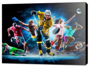 Multi sport kolaż piłka nożna boks piłka nożna siatkówka hokej na lodzie na czarnym tle