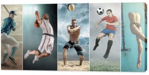 Collage of professional sport athlettes. Baseball, basketball, beach volleyball, soccer, football, swimming.