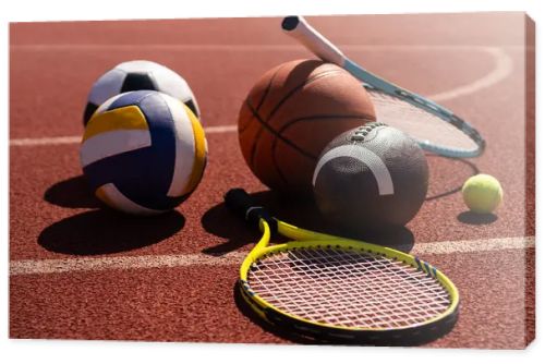 Set of sport equipment, soccer basketball balls and tennis rackets.