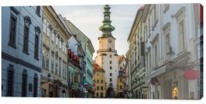 Empty Michalska Street in Bratislava Old Town During Coronavirus Pandemic with Michael's Tower (Michalska Brana) in Background in Slovakia