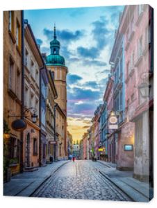 Evening view on Piwna street Warsaw, Poland. View of the old town in the historic center of Warsaw.