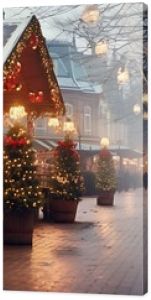 Christmas trees and decorations adorning a shop front at a winter street market