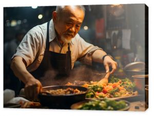 Asian male chef cooking food in a small restaurant in downtown area.