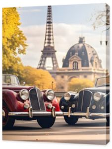 Elegant vintage cabriolets in a Parisian setting Eiffel Tower in the background --ar 16:9 --v 5.2 --style raw