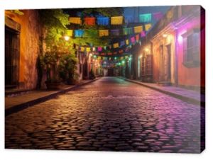 Colorful mexican lanterns lighting up cobblestone street during festive celebration