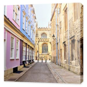 Colorful pastel buildings on a street in the University district of Oxford, England