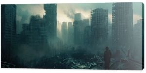 a man walking down a dirty street in a city, A dystopian city landscape devastated by food or conflicts