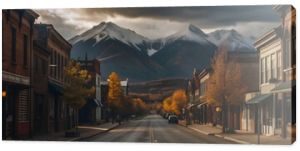 Deserted small town main street with distant snow-capped mountains, partly cloudy sky, past liveliness signs, and autumn colors.