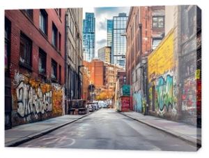 A gritty, graffiti-filled alleyway between old brick buildings in a city, with modern skyscrapers towering in the background, showcasing urban contrast.