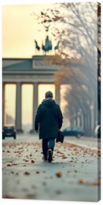 Yellow fall leaves lie on the old streets of Berlin with classic architecture. The setting creates a nostalgic atmosphere.