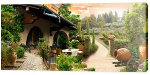 Rustic landscape, villa with a terrace by the forest. photo wallpapers.
