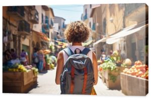 Dziewczyna podróżująca na ulicy starego miasta w Hiszpanii Młody turysta z plecakiem podróżujący samotnie Wakacyjna wycieczka