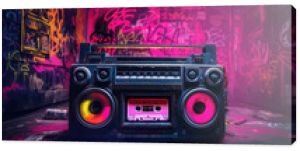 Retro stary projekt getto blaster boombox radio magnetofon kasetowy z lat 80-tych w nieczystym pokoju pokrytym graffiti blaster muzyczny