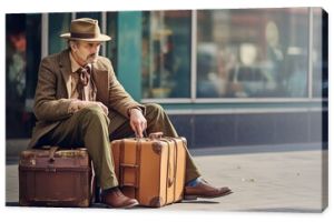 poor Senior old man sitting with suitcase on the city street
