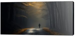 A man walks through a mysterious, dramatic and warmly colored scene on a misty, foggy road.