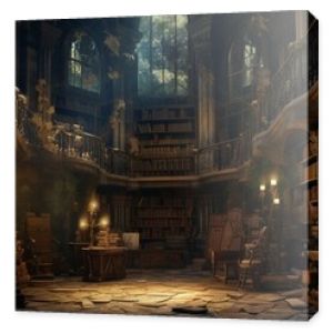 a hair-raising, forgotten library with dusty tomes, cobweb-covered shelves, and a presence of forgotten knowledge