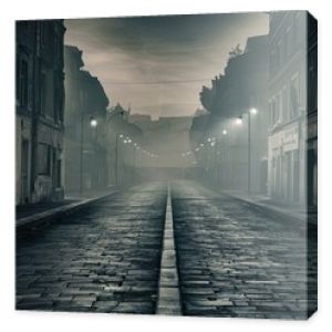 A quiet city street with historic cobblestones lining the pavement. Generative AI