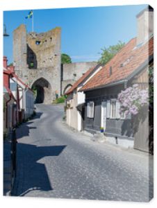 Narrow street in the historical old town in Visby, Sweden