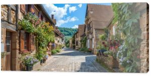 Charming narrow street in a small French village with half-timbered houses and flowers