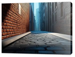  Cityscape with tall brick wall and shadowed street: A city street partially shaded by a tall brick wall,