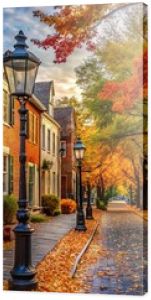 Vibrant autumn foliage frames historic 18th-century buildings, quaint cobblestone streets, and ornate lamp posts in Old Town Alexandria on a crisp fall morning.