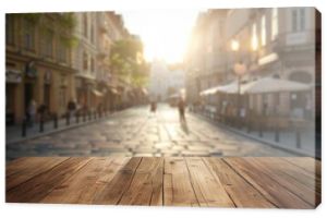 Wooden Tabletop with Blurry Background of a Sunny City Street