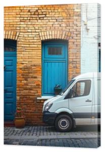 A white van parked on a cobblestone street in front of a brick building with blue doors and a garage door.