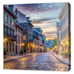 Charming old town Montreal with famous cobbled streets illuminated at twilight