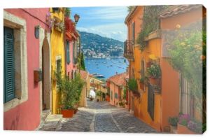 France, French Riviera, Villefranche old city streets in historic city center near sea promenade, Generative AI