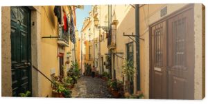 A narrow street in Alfama district in Lisbon, Portugal