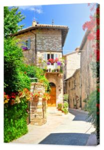 Flower filled medieval street in the beautiful old town of Assisi, Italy