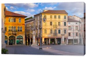 Bassano del grappa Italy. Square freedom. Landscape old town with italian architecture and street lamp. Sunrise at deserted street.