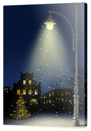 night with a Christmas tree and a lamp, falling snow