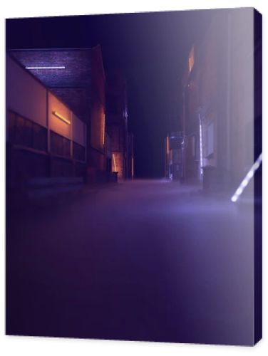 Misty industrial alley with neon lights in the night. 3D render.